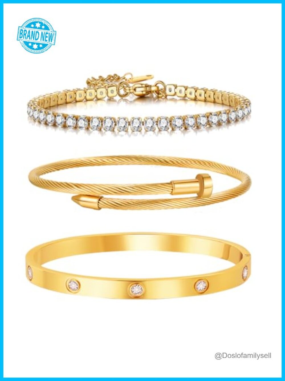 18K Gold Plated Stackable Love Bangle Bracelet Set 3 Pcs Stainless Steel CZ